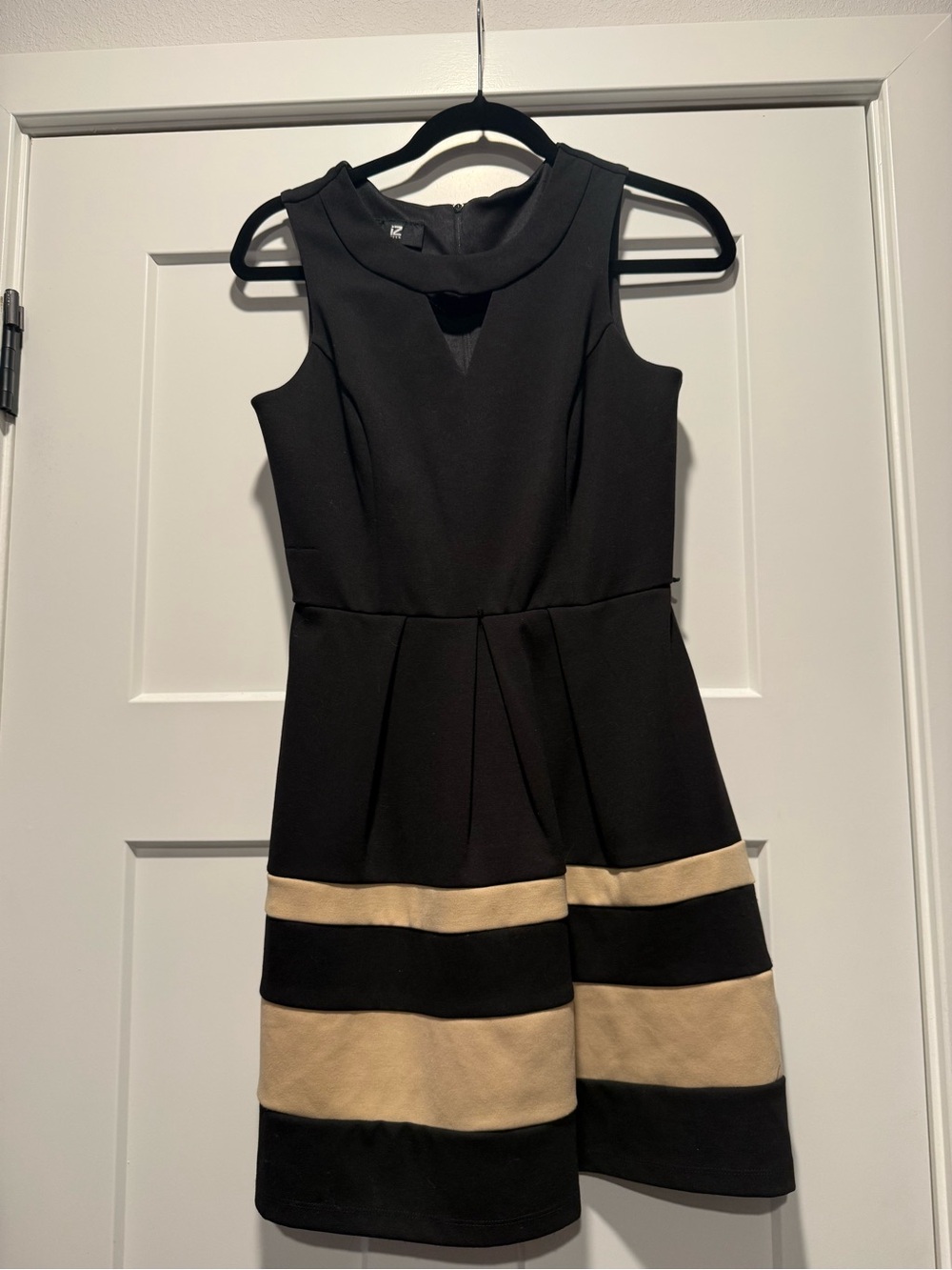 IZ Byer Sleeveless Black Dress with Cream Stripe Detail